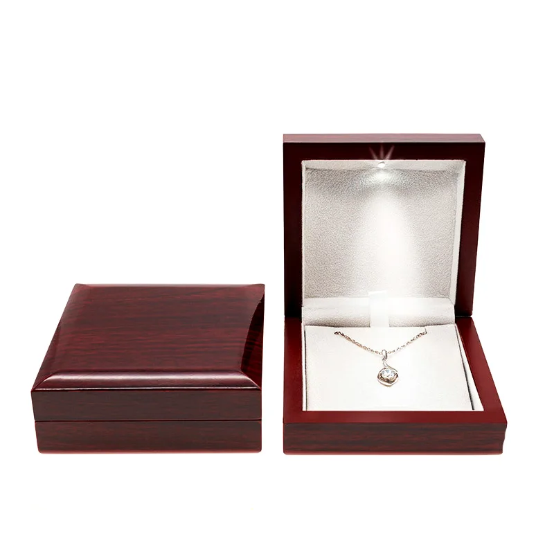 Red Wooden Wedding Ring Pendant Jewelry Box with LED Light Small Trinket Jewellery Gift Storage Display Case