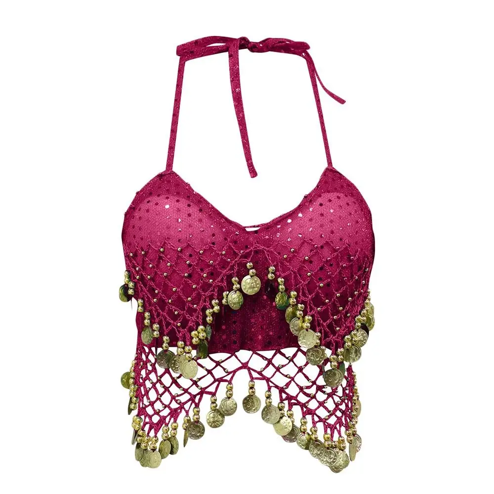 Uroczy, błyszczący biustonosz do tańca brzucha z frędzlami, wiązany na szyi, top do występów scenicznych, odzież taneczna, bez rękawów, top do tańca latynoamerykańskiego, do klubu nocnego.