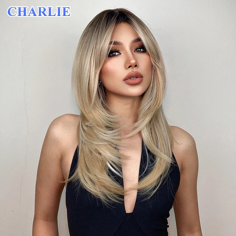 Natural Long Blonde Golden Synthetic Wigs Straight Hight Density for Women Daily Cosplay Party Use Heat Resistant Pre Plucked