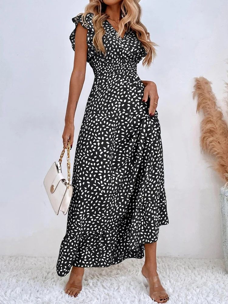 Vestido informal de lunares para mujer, Vestido largo de gasa sin mangas con cuello de pico y cintura alta
