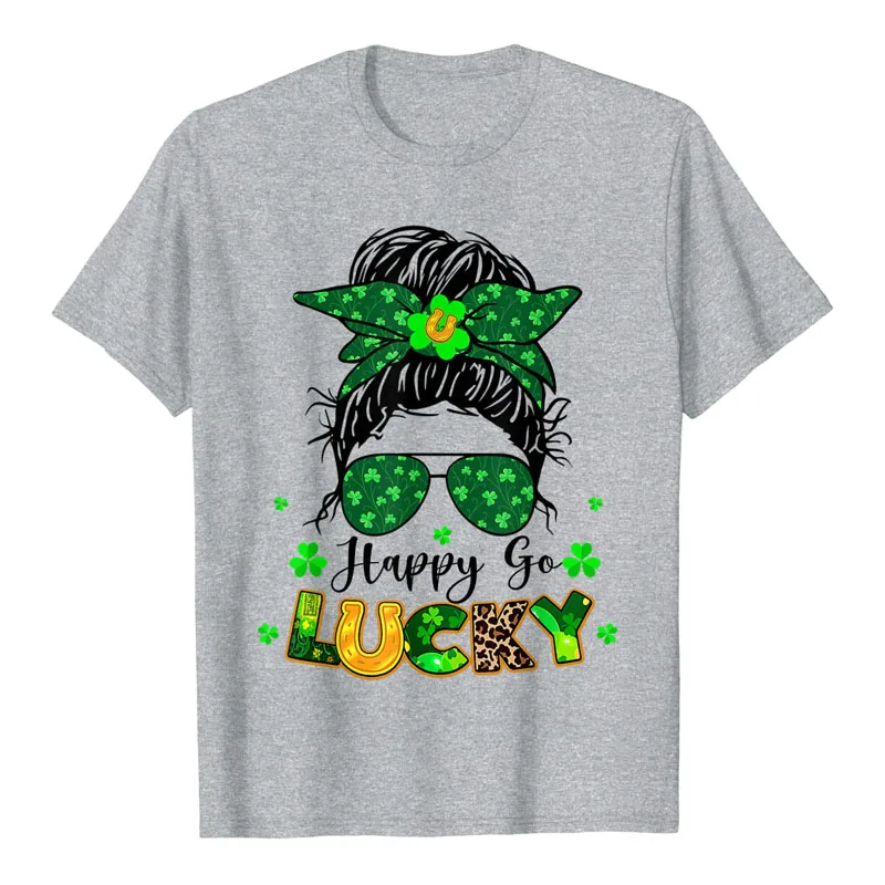 Women Happy Go Lucky Messy Bun Shamrock St Patrick's Day T-Shirt Women's Fashion Aesthetic Clothes Mama Gift Graphic Tee Y2k Top