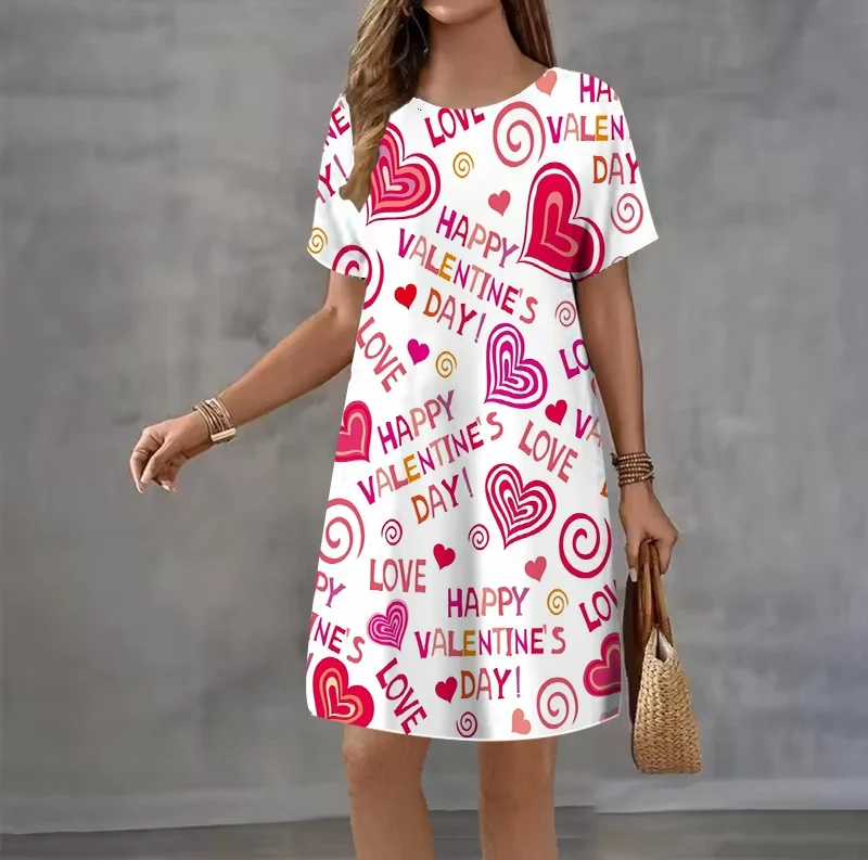 Sweet Summer Dress Women 3D Love Letter Pattern Print Dress Casual O-Neck Short Sleeve Loose Dress Valentine's Day Party Dresses