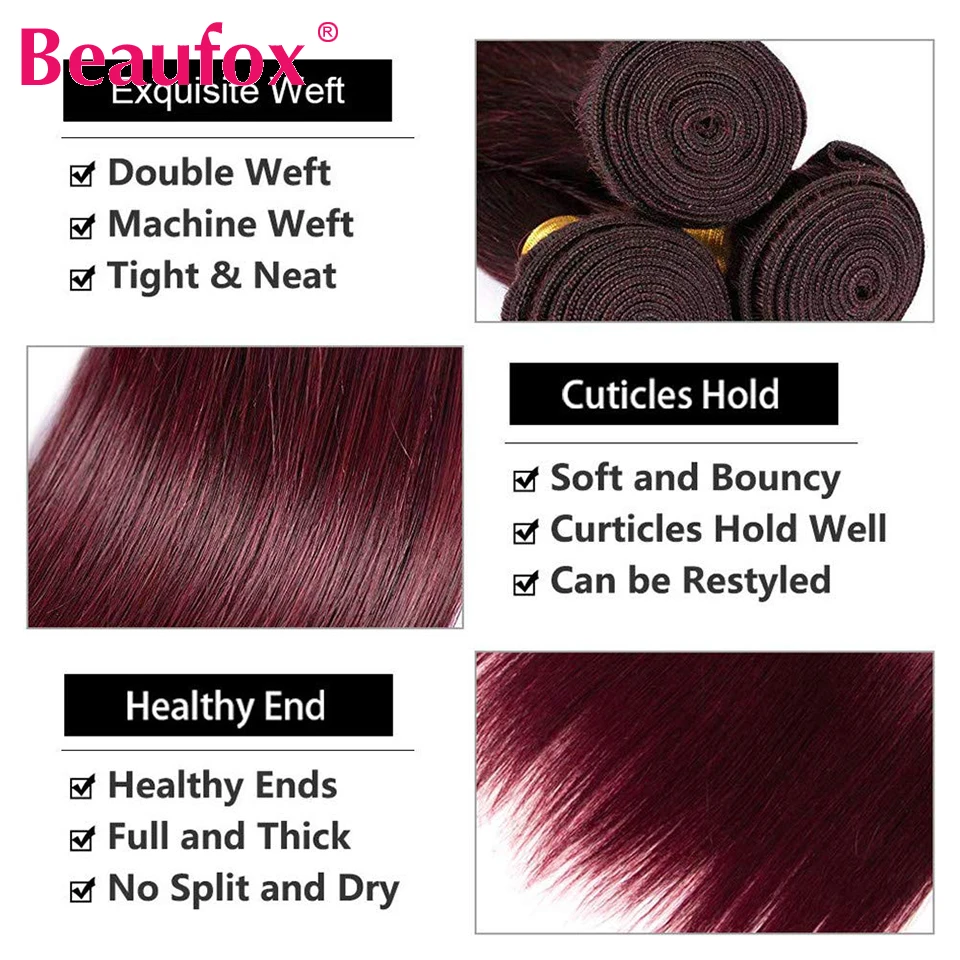 Beaufox 99J Colored Human Hair Bundles Brazilian Straight Hair Weave Bundles 1/3/4 PCS Burgundy Red Hair Bundles Deal Wine Red