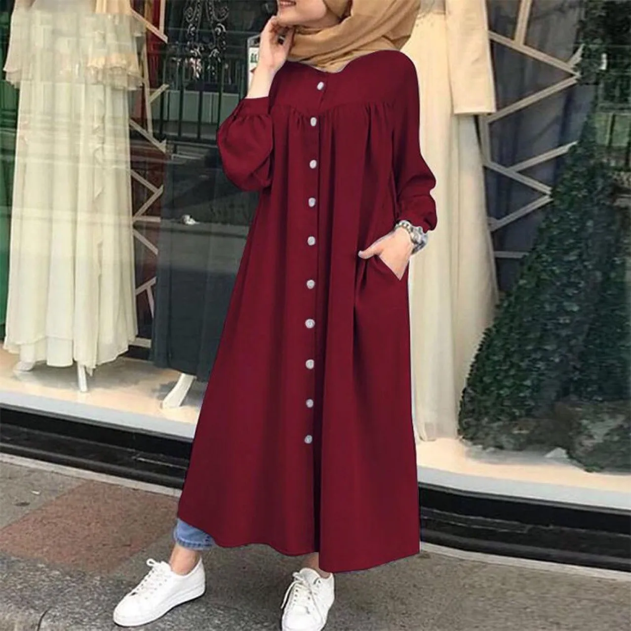 Muslim Long Dress 2025 Spring Autumn Muslim Long Sleeved Women's Clothing Round Neck Pocket Commuting Casual Robe Shirt Long