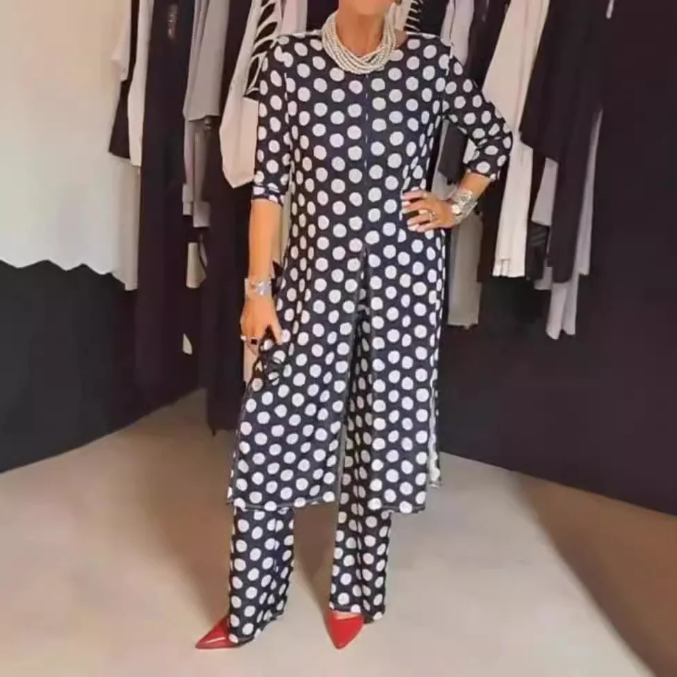 

Fashion O-neck Slit Long Top Long Pant Set Women New Casual Long Sleeve Loose 2pc Outfit Elegant Polka Dot Print Commuter Suit