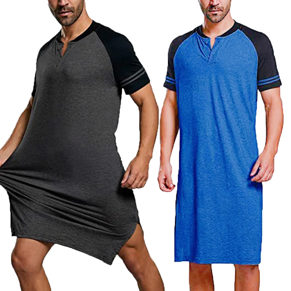 

Men Loungewear Nightgown Sleep Robes Striped Bathrobes Men's Long T-shirt Striped Sleepwear Patchwork Sleep Dress Homewear Robe
