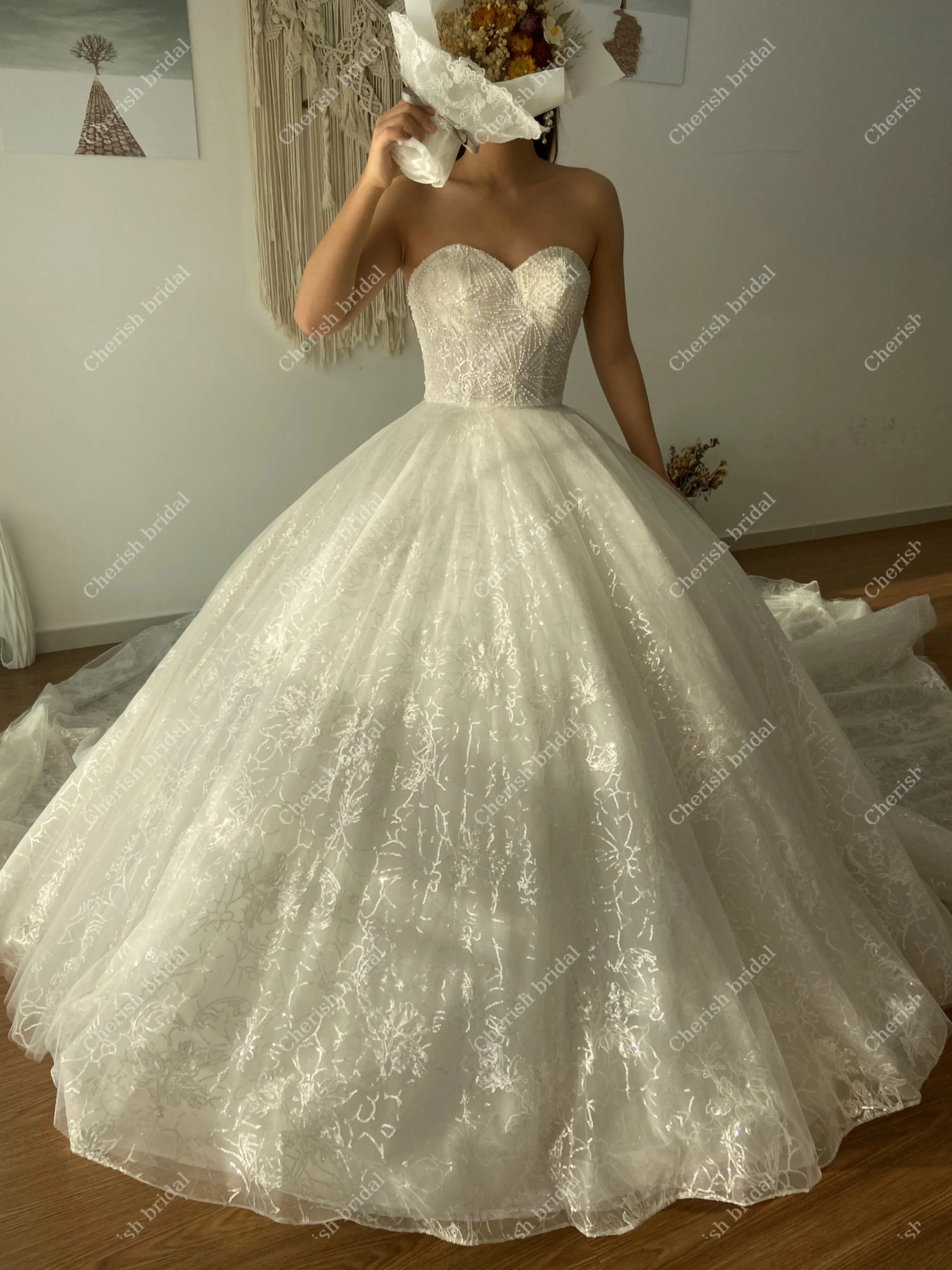 

C5060B Wedding Dress Handmade Beading Sequin Luxury Ball Gown Wedding Dresses Strapless Zipper Back Ivory Brides Wedding Dresses