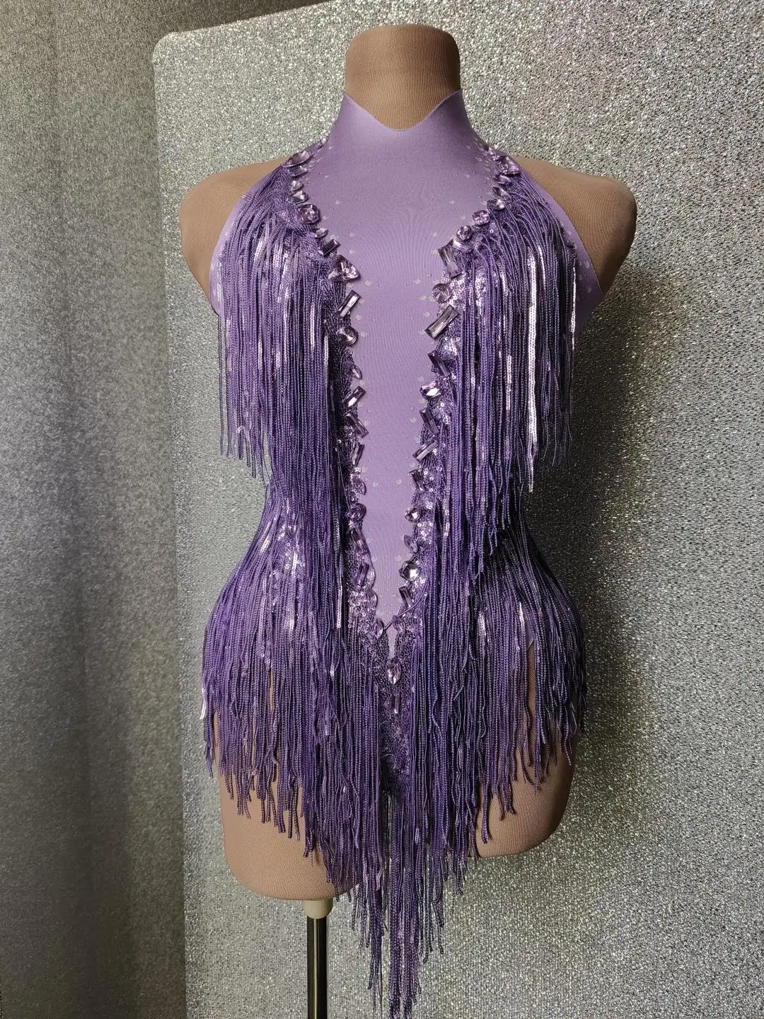 Sexy Tassel Leotard Jazz Dance Costume One-piece Stage Wear Sparkly Crystals Fringes Bodysuit Dancer Performance Show Clothing