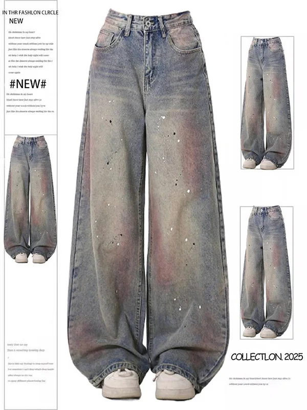

plus Size American Retro Splaed Ink Denim Jeans Women's Loose Wide Leg Street Sle Spring Autumn New Faion plus Size M