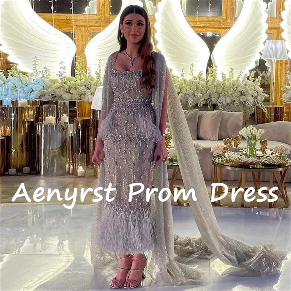 Aenyrst-Luxury Feather Square Collar Prom Dresses para mulheres, fitas frisadas de sereia, vestidos de noite, tornozelo, vestido de festa formal