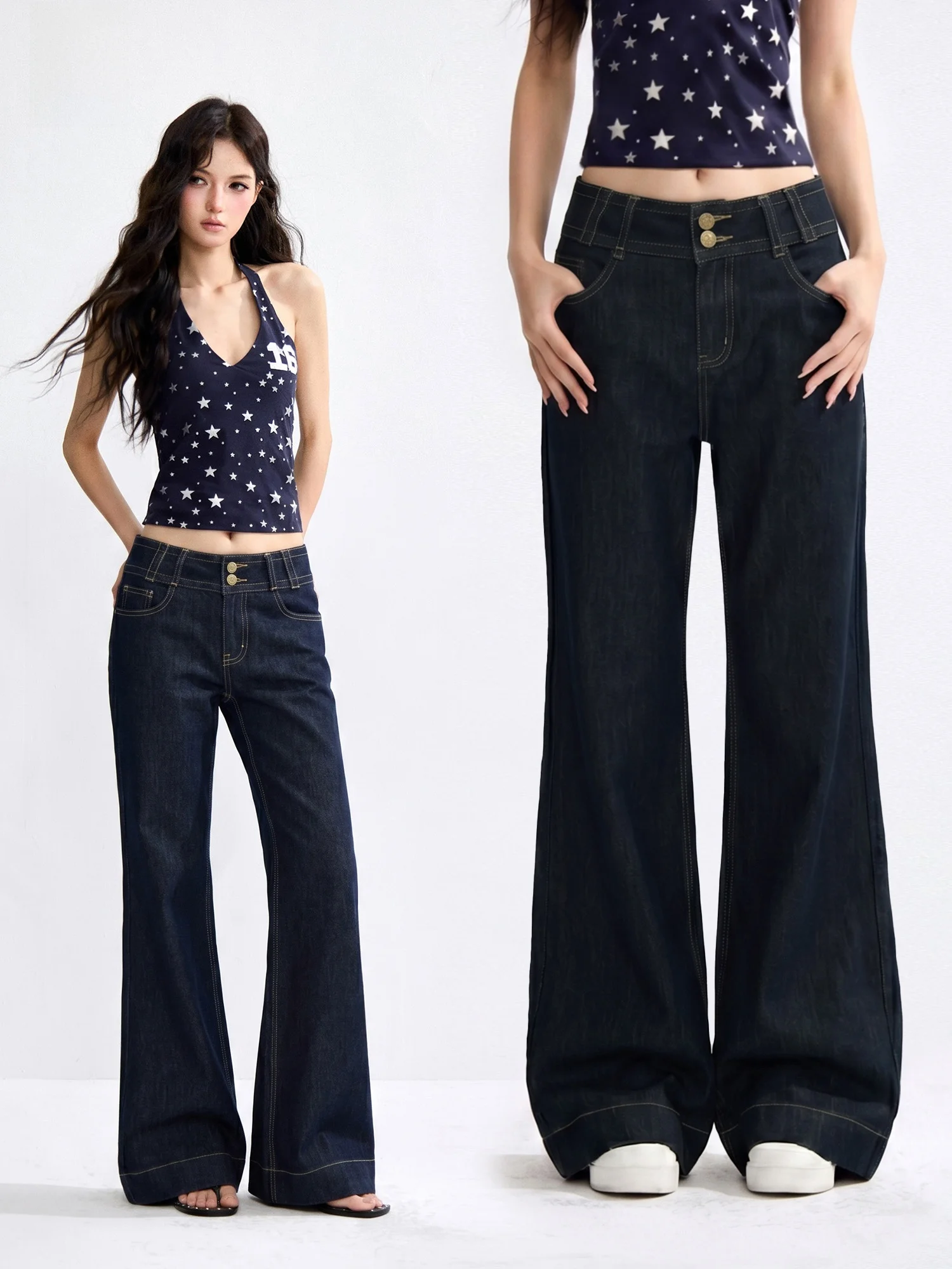 

Low Waist Bell Bottom Denim Jeans Women's Summer Slim Fit Floor Length Straight Leg Casual Blue Jeans High Waist Skinny Jeans
