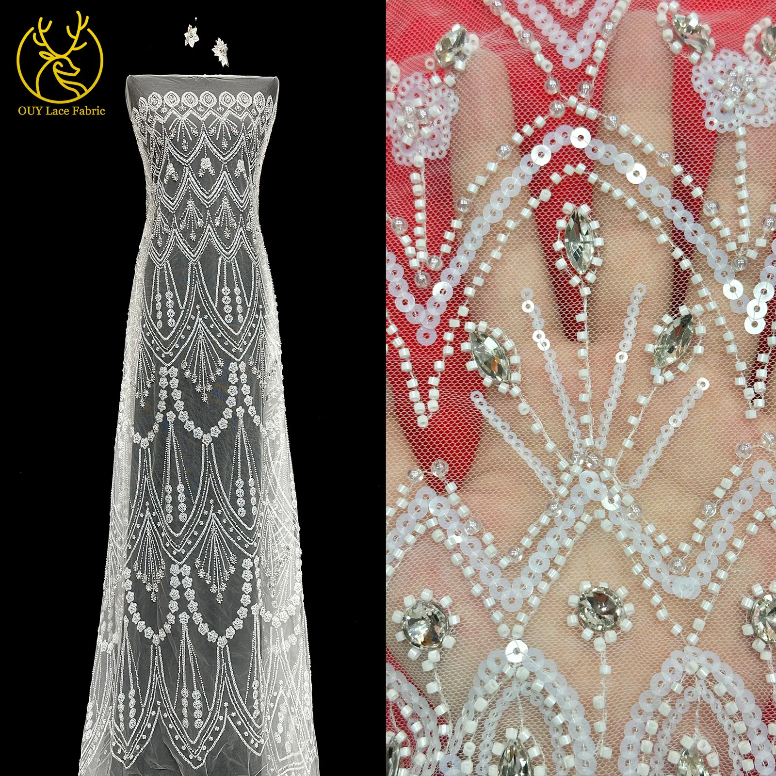 

Bridal Wedding Dress Tulle Mesh Lace Fabric High Quality French Beaded Sequins Lace Fabric Elegant Nigerian African Lace Fabric