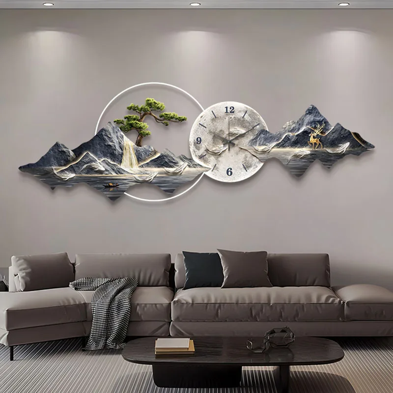 

【Hot Sale】Modern Chinese Painting With Clock New Asian Style Large Landscape Art For Living Room Sofa Background Wall Decor