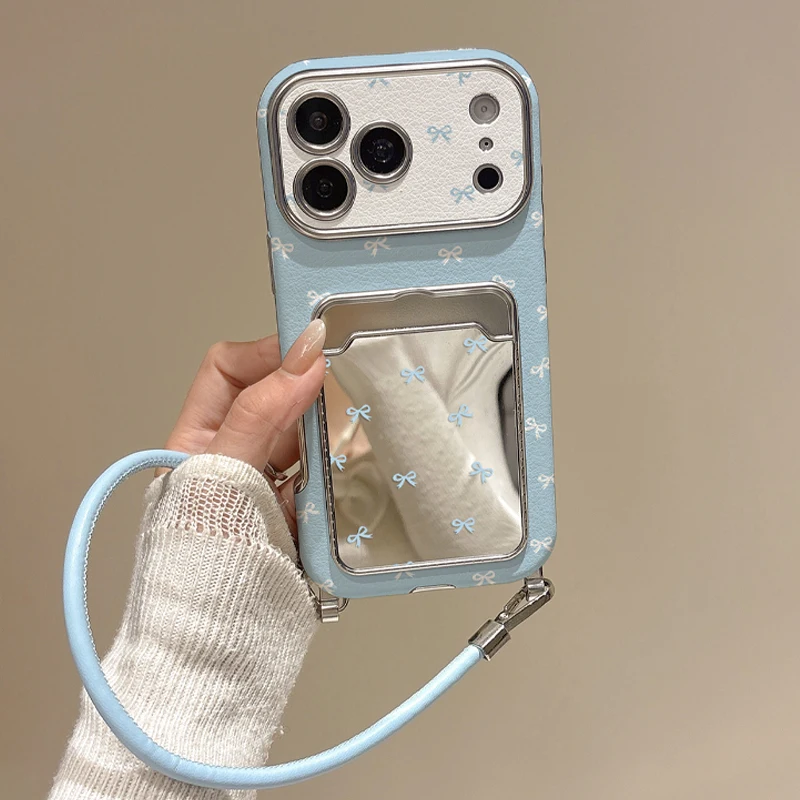 Cute Bow Mirror Card Holder Phone Case For IPhone17 16 15 14 13 Pro Max, Blue Ribbon Wallet Card Slot Case With Wrist Strap, view 3