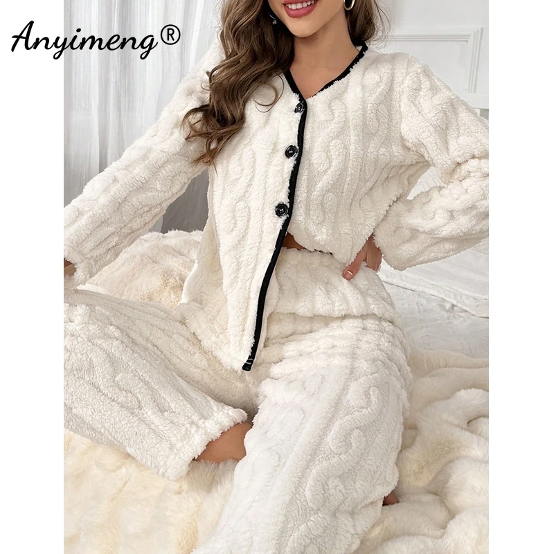 Jacquard Fluffy Lady Sleepwear Chic V-neck Lapel Thermal Pijamas Casual Nightwear Elegant Plain White Winter Women Pajamas Set