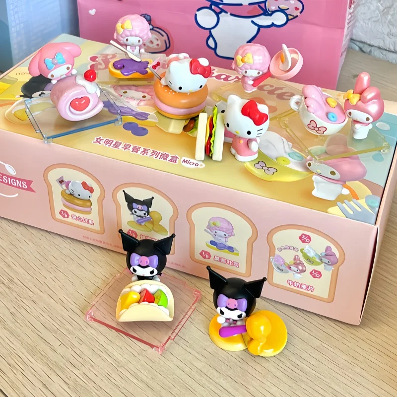 

Новая оригинальная слепая коробка Sanrio, женская звезда, завтрак Kuromi, ручная работа, собака Пача, катани, кошка, орнамент, рыба-клоун, мелодия, загадочная коробка