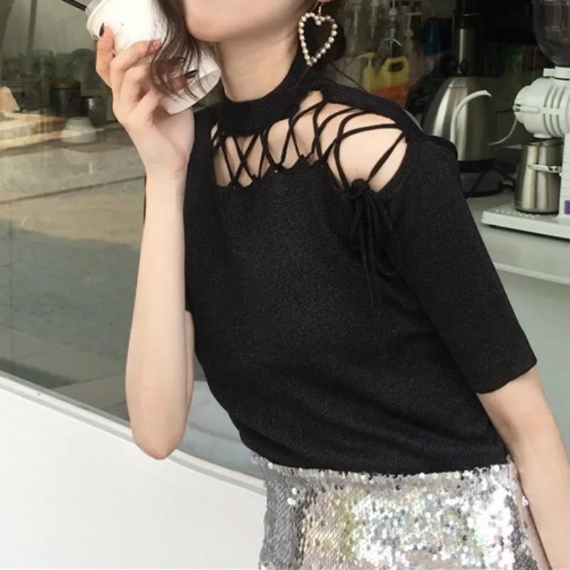 Korean Chic Hollow Out Bandage Short Sleeved T-shirt Women\'s Summer Round Neck Pullover Solid Color Slim Fit Knitted Bottom Tops