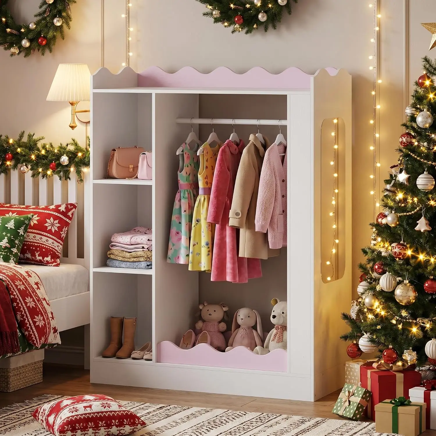 Storage with Mirror Open Garment Rack Shelves Cabinet Costume Organizer Bedroom Preschool Classroom, Customized