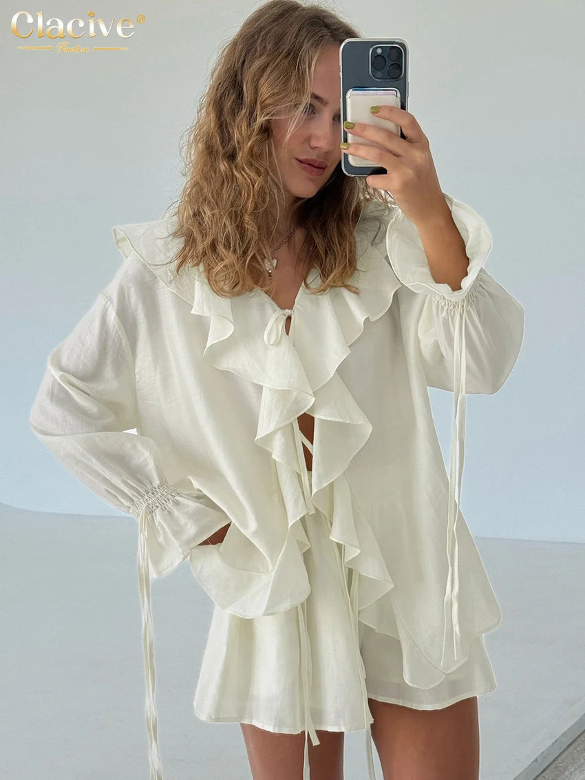 Clacive Fashion Loose White 2 Piece Sets Women Outfit 2024 Elegant Long Sleeve Ruffle Shirt With High Waist Shorts Set Female