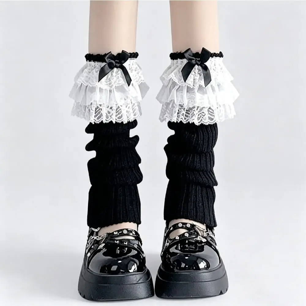 New Ruffled Bow Lace Leg Warmers Lace Trim Tiered Knitted Leg Warmers Sweet Gothic Style Calf Leg Warmers Girls Women
