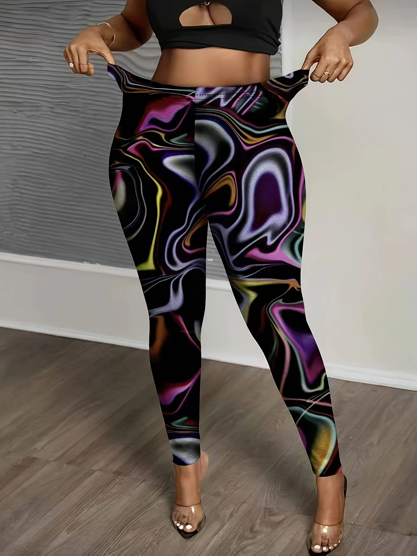 Women Mid Waist Fleece Lined Leggings Retro Marble Swirl Print Slim Fit Thermal Winter Pants