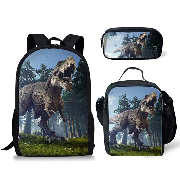 Ransel cetakan dinosaurus keren untuk anak-anak laki-laki perempuan 3 buah Set tas sekolah perlengkapan siswa remaja tas buku dengan tas pensil untuk makan siang