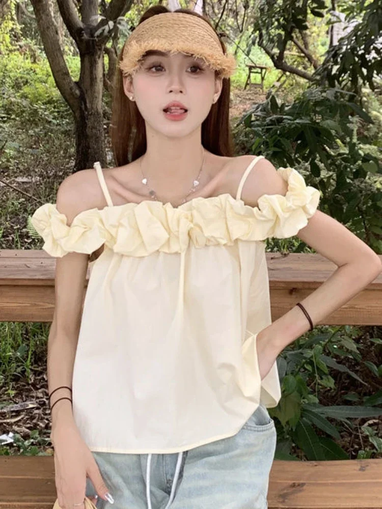 

Blouses Women Sweet Gentle Baggy Summer Chic Girlish All-match Off Shoulder Casual Ulzzang Holiday Fashion Aesthetic Clothing
