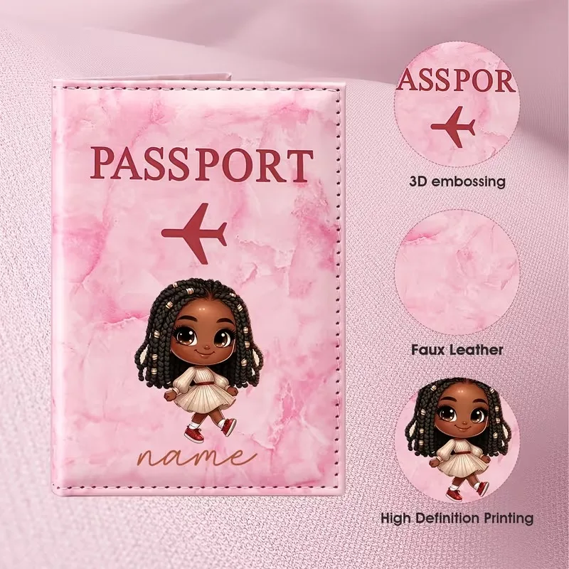 Custom Personalized Name Cute Illustration Design Passport Holder - African Woman with Curly Braided Hair in Red Dress