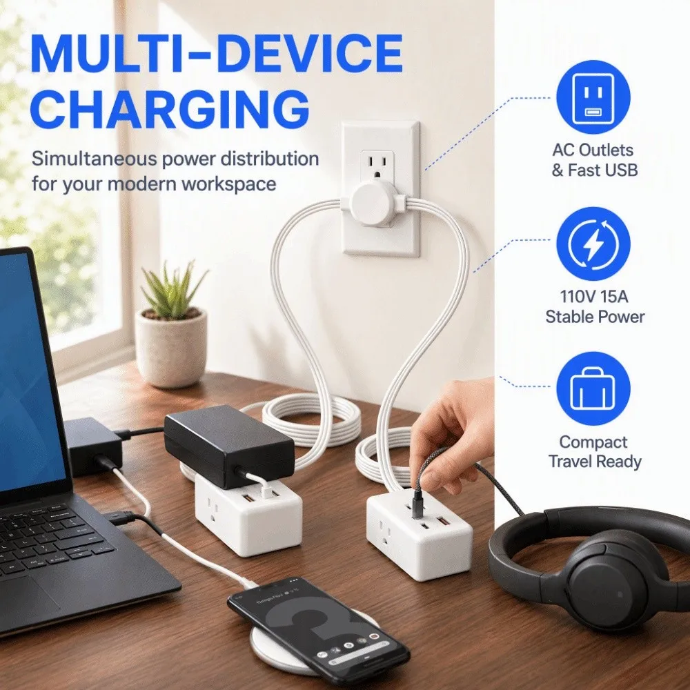 2 USB Ports Power Strip Solid Copper Wire 1 USB-C Port Dual Extension Cord Power Strip Durable Cord 110V 15A
