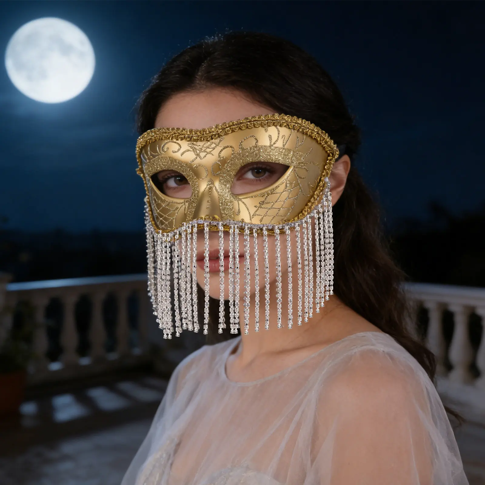 Vintage Rhinestone Masquerade Mask for Women Tassel Beaded Chain Elegant Princess Design Universal Fit Carnival Ball Prom Event