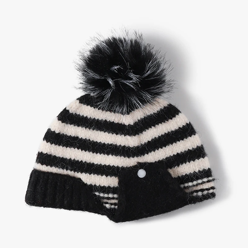 Wool Blend Knit Earflap Beanie Black White Striped Winter Hat with Faux Fur Pom Pom Warm Knitted Cap