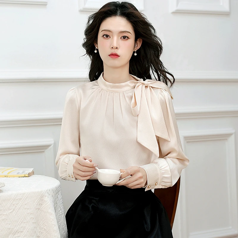 2025 primavera nueva manga larga cuello redondo Mujer blusa arco sólido gasa blusa camisa Mujer Tops Camisas De Mujer Blusas De Mujer N356