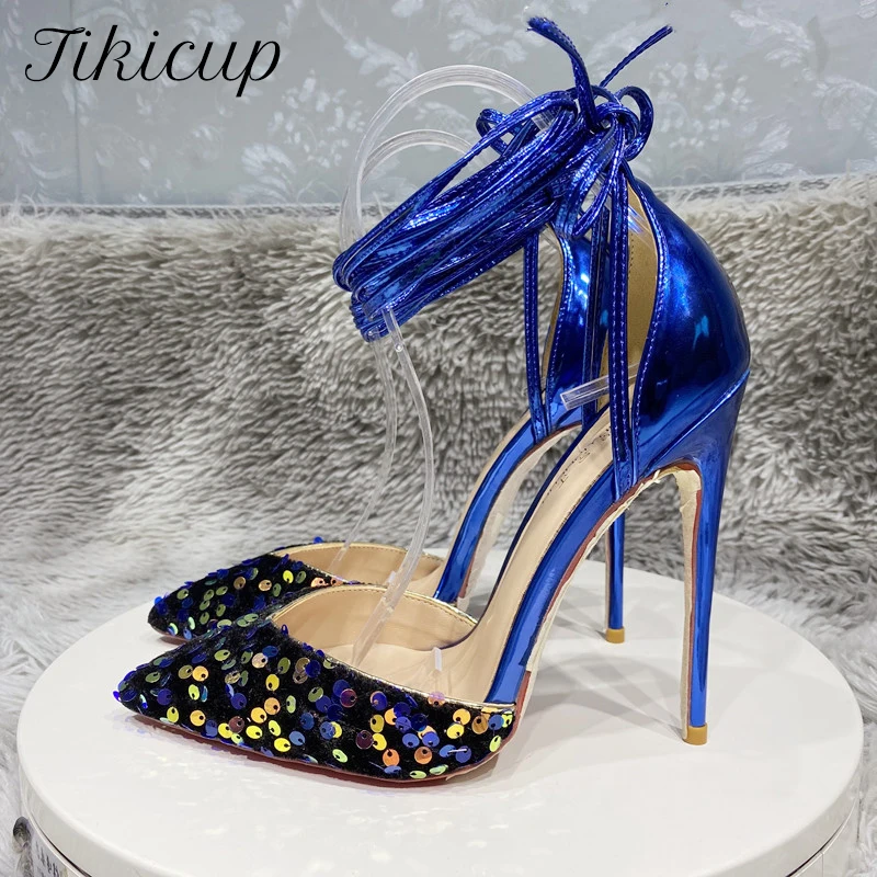 Tikicup Glitter Sequins Women Pointy Toe High Heel Strap Up Leg Shoes Blue White Sexy Ladies Party Stiletto Pumps Plus Size