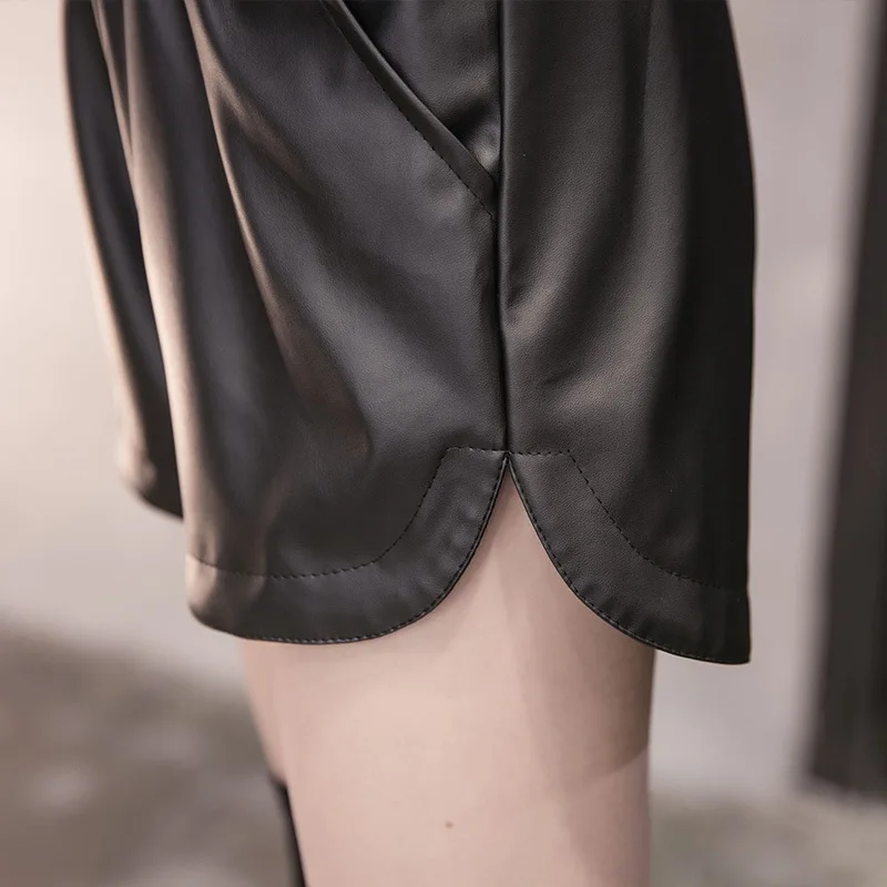 1 قطعة جديد إمرأة أربعة مواسم مثير تمتد فضفاض أسود فو الجلود السراويل الإناث السراويل غير رسمية جلدية سيدة عالية الخصر قصيرة بانت #3