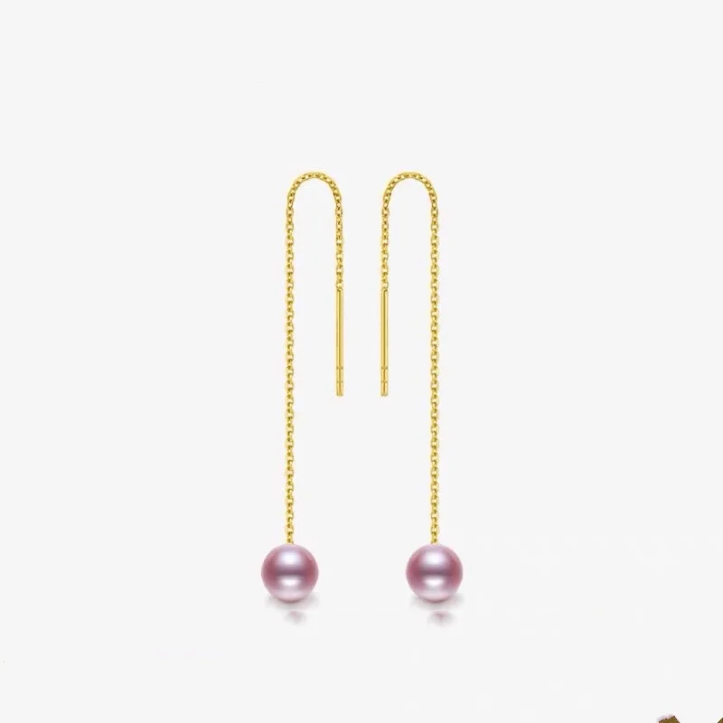 

Fine Jewelry Pure 18K yellow Gold earrings long drop natural freshwater Pearl purple pink Round Au750 Party Wedding Gift E738