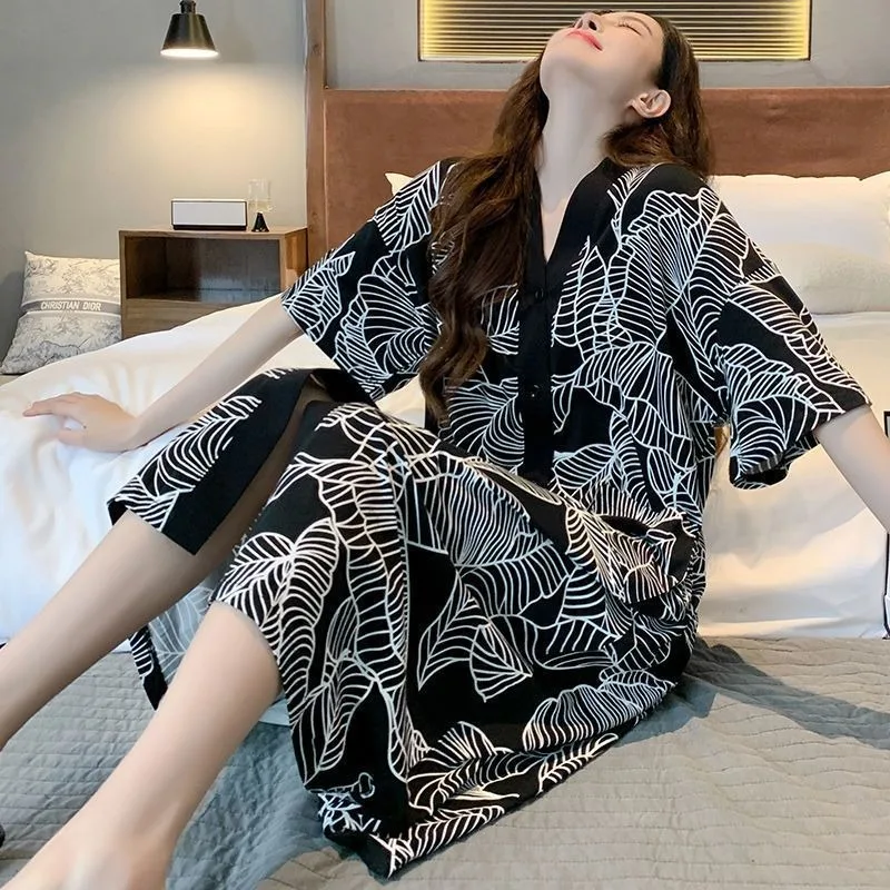 Plus Size Nightdress Ladies Summer Sexy 2024 New Premium Summer Pajamas Women\'s Midi Length Nightgowns V-neck Loose Loungewear