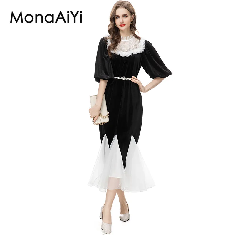 Monaiyi New Fashion Designer abito elegante retrò nero con paillettes a maniche corte con collo alto da donna