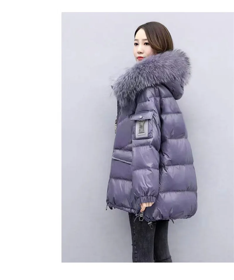 Down Cotton Jacket 2026 New Women's Mid Length Korean Version Loose Fitting Thick Jacket Large Woolen Collar Winter Hooded Outfi