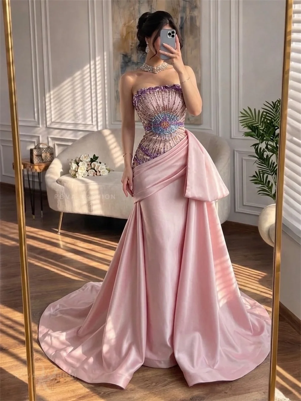 Amanda Customizd Strapless Beaded Satin Draped Mermaid Gown Evening dress Pink Sequin Rhinestone Luxurious Party dress Prom gown