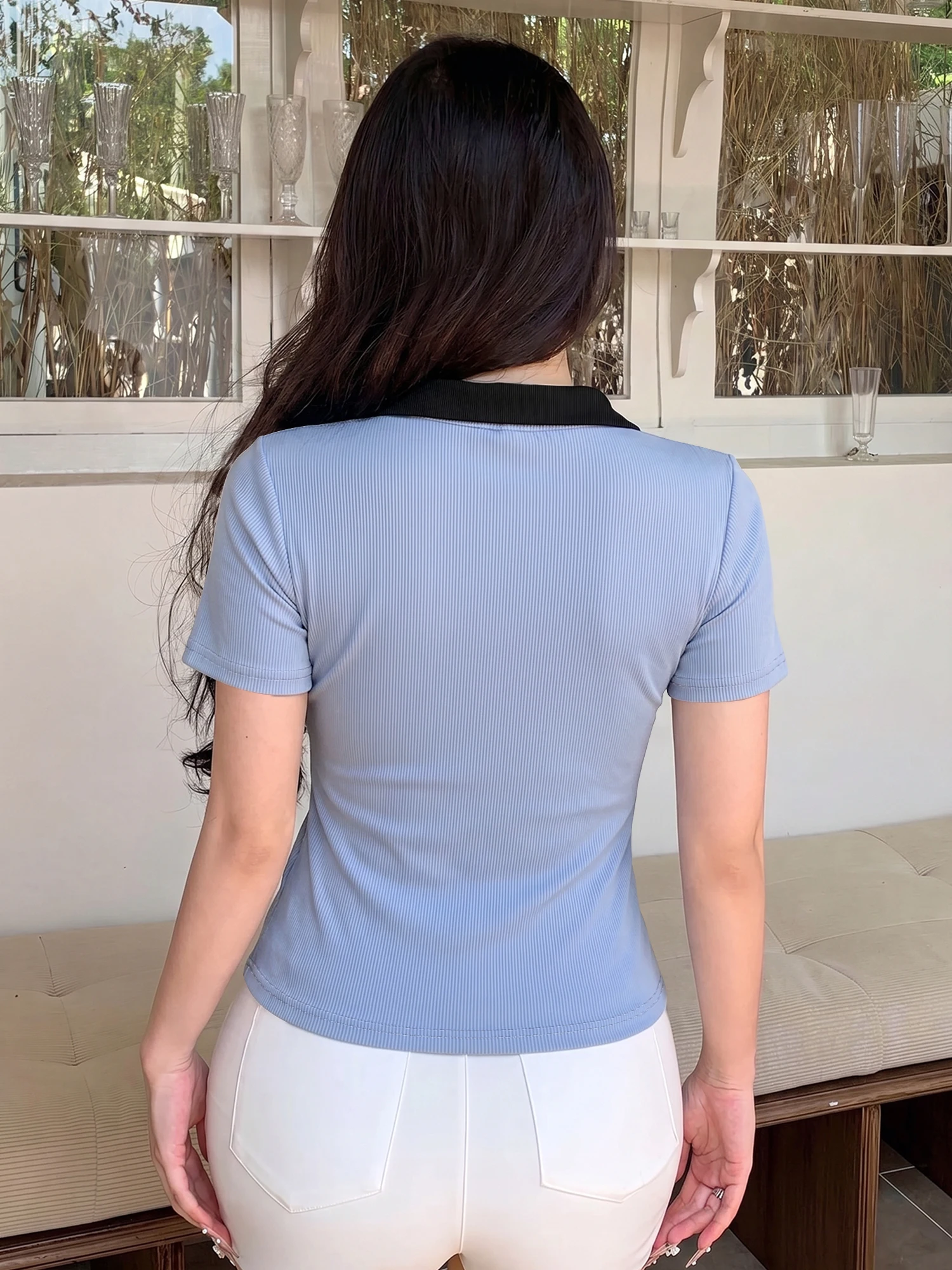 Resort Sporty Rib Blouse, Split V Neck Notch Lapel Polo for Golf & Coastal Sunset Strolls