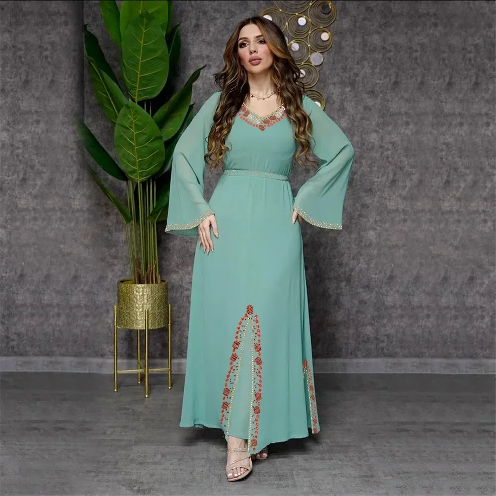 Chiffon Diamond Summer Dress Abaya for Women Loose Long Dress Muslim Dress Kaftan Women Dubai Abayas Long Sleeve Evening Dress