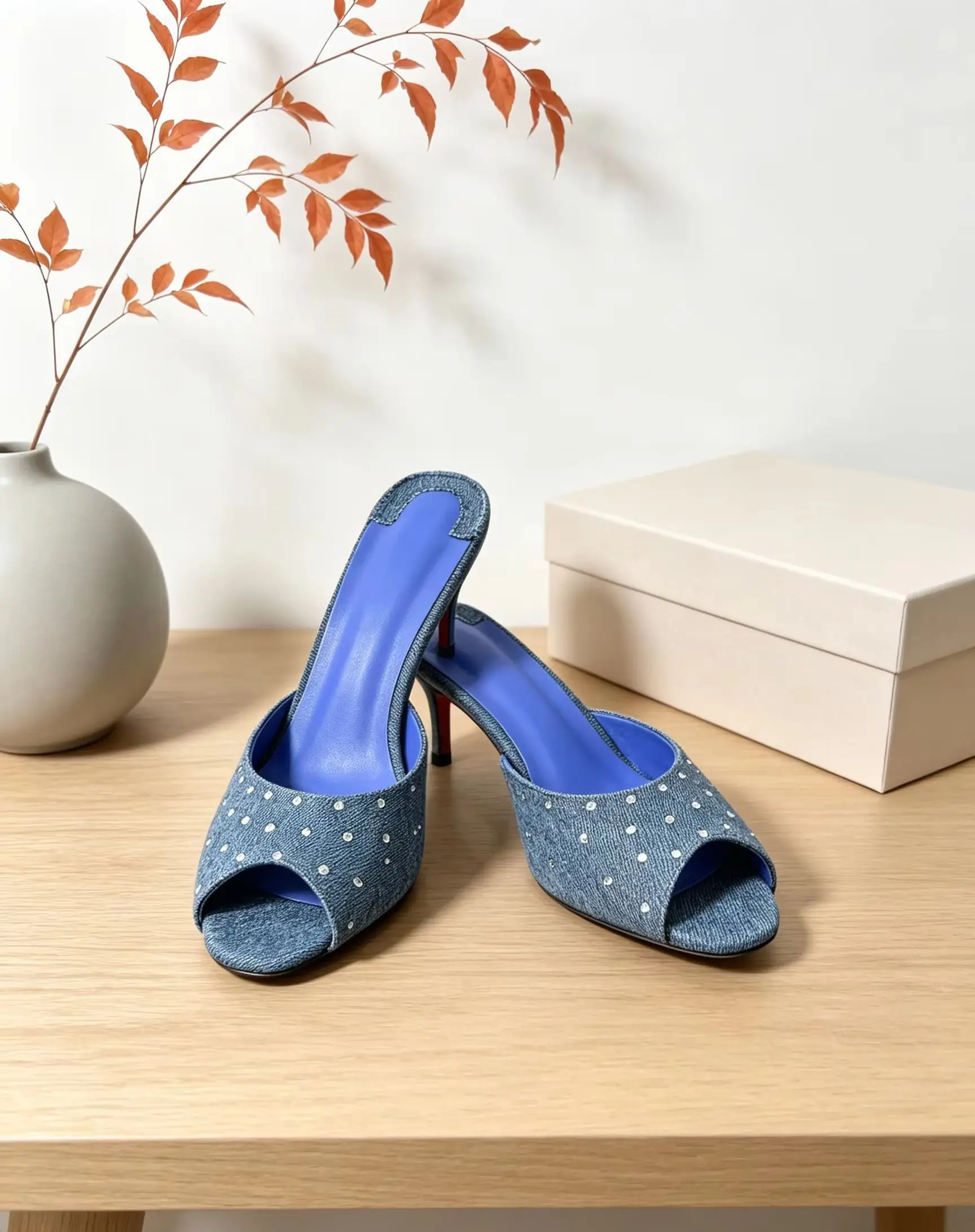 Blue Denim 2026 Rhinestone Peep Toe Stiletto Heel Pumps Slide Mules Elegant Formal Event Wedding Party Lady Daily Summer Shoes