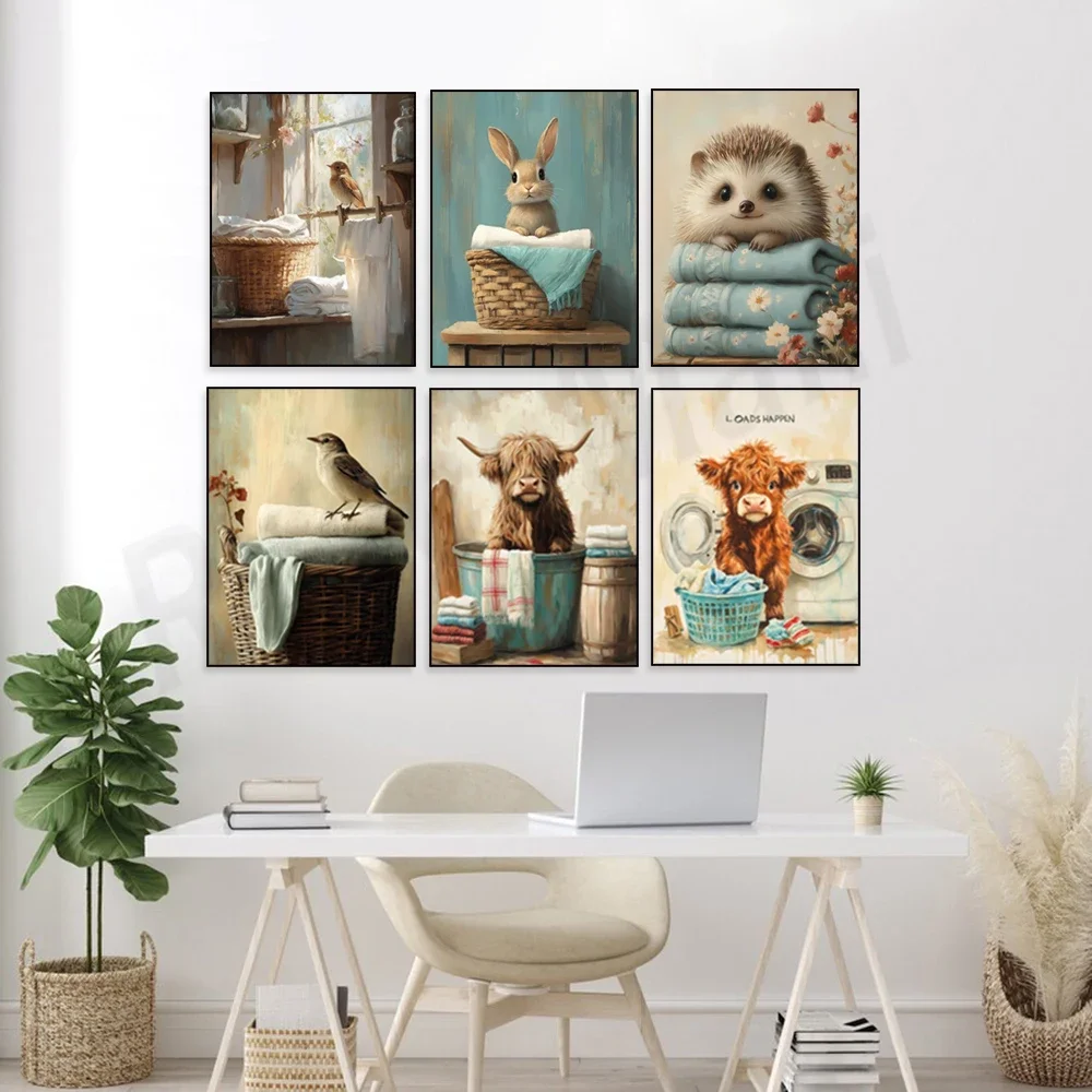 A rustic songbird on a woven basket, a prairie dog in a pile of clothes—a pastoral, cozy, and simple laundry room poster.