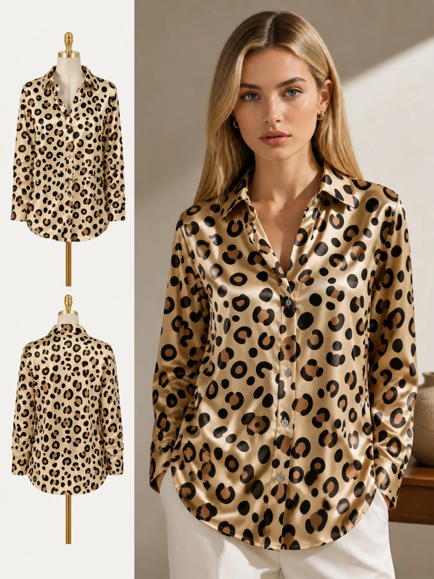 

Champagne Leopard Satin Button Shirt for Women Black Animal Print Long Sleeve Blouse Wild Elegant Casual Party Fashion Top