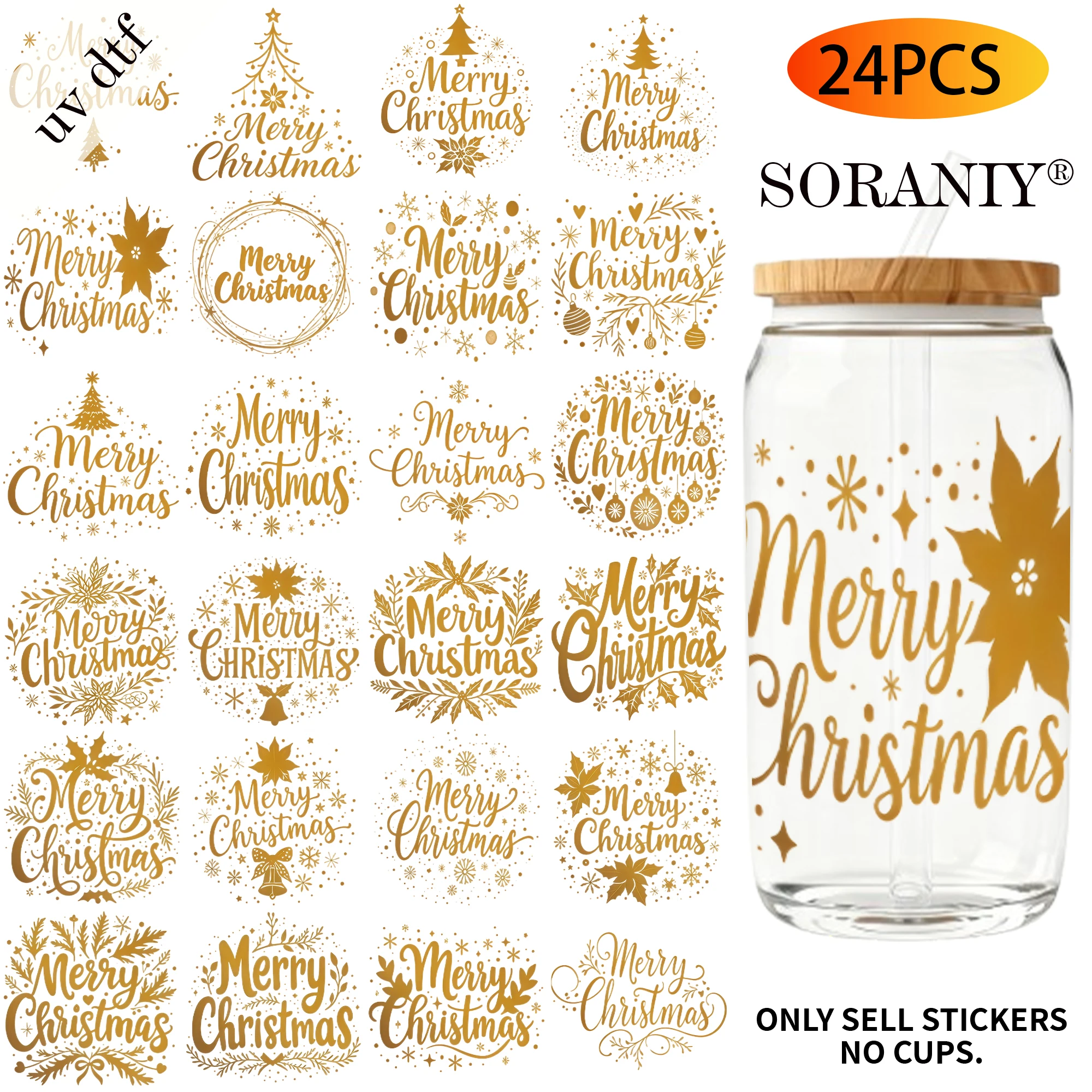 24PCS/Set Gold Foil Merry Christmas Floral Lettering Stickers Themed UV DTF 16OZ DIY Transfer Paper Set Golden Text Used For 16o