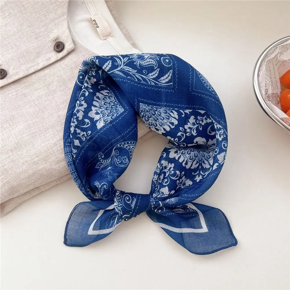 Simple Cashew Small Square Scarf Floral Blue White Printed Silk Scarf Headband Scarf Hair Band Cotton Linen Print Scarves Female view 2