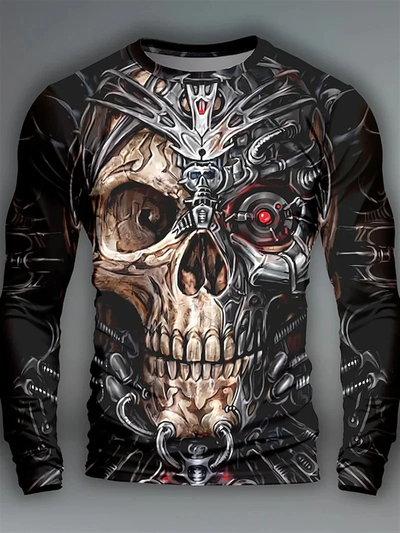 Summer New Men's Top Long sleeved 3D Printed Pattern Skull Head Personalized Cool Fashion Trendy Top Plus Size Round Neck