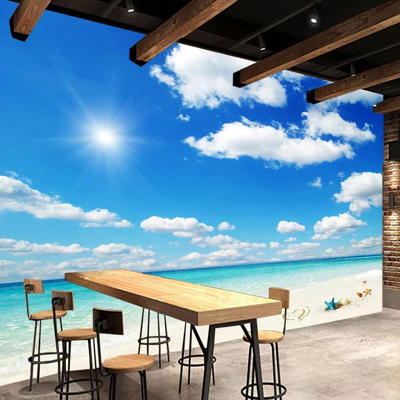 

Custom Mural Blue Sky And White Clouds Seaside Sandy Beach Landscape Photo Wall Painting Modern Living Room Background Wall Art