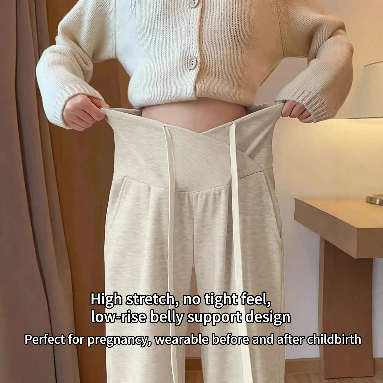 Maternity Pants High Waist Belly Support Straight Leg Knitted Loose Pregnant Women Postpartum Daily Wear Home Travel
