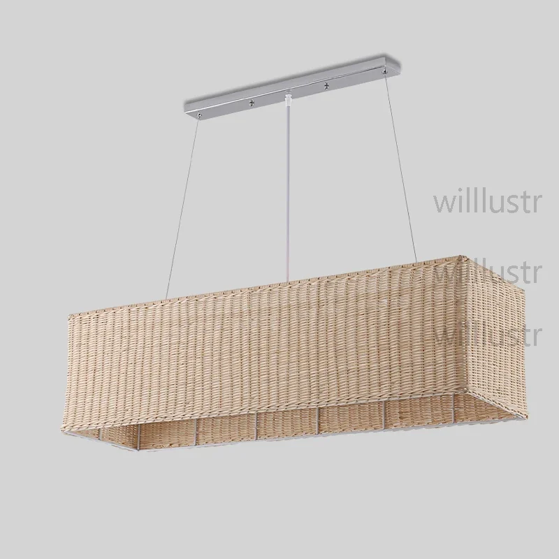 Handmade Wicker Pendant Light Rectangle Suspension Lamp Dining Living Room Hotel Hall Cafe Loft Hanging Ceiling Chandelier